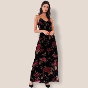 Black Velvet Floral Print Maxi Dress Sugar + Lips